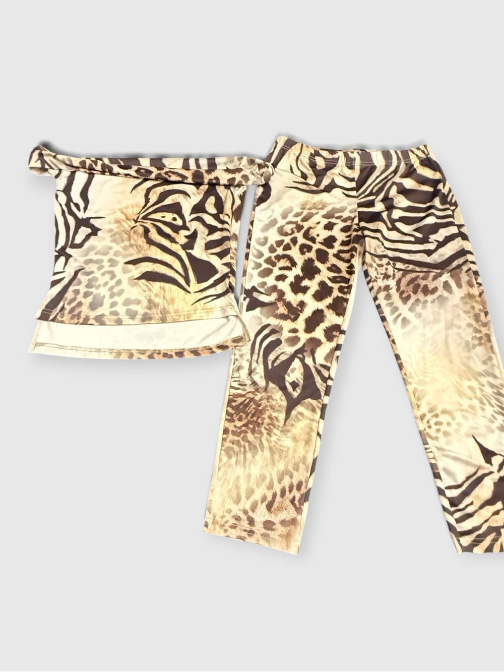 Animal Print Capri Pants Set - Beige Brown
